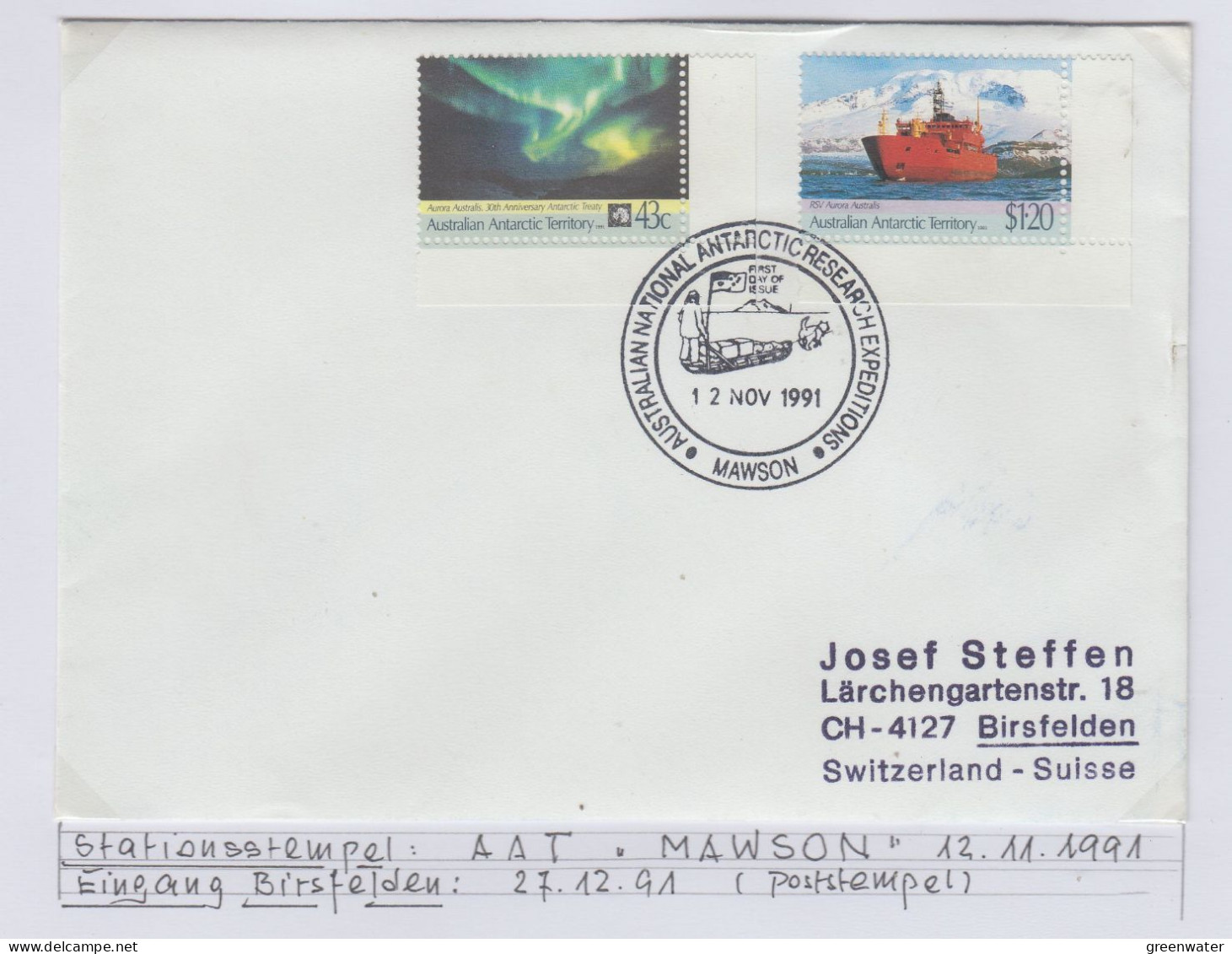 AAT 1991 Cover Ca  Anare Mawson 12 NOV 1991 (AS155B) - Covers & Documents