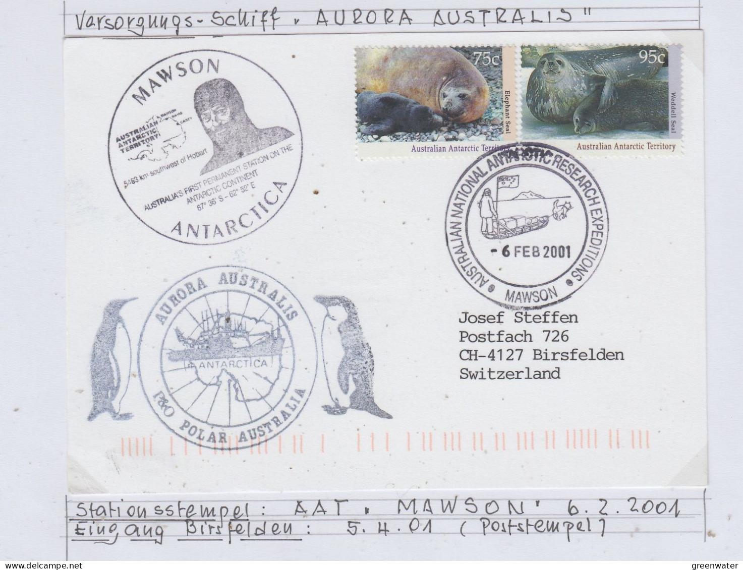 AAT 2001 Cover Ca Aurora Australis Ca  Anare Mawson  6 FEB 2001 (AS155C) - Briefe U. Dokumente