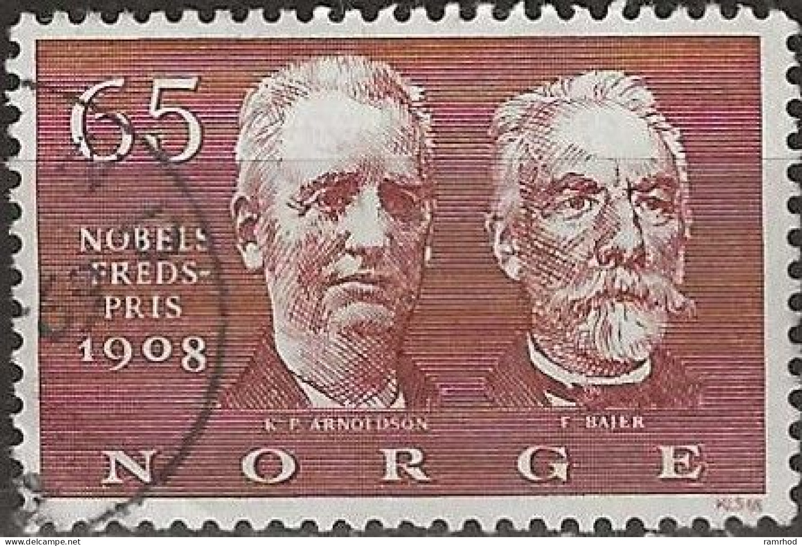 NORWAY 1968 Nobel Peace Prize Winners Of 1908 - 65ore Arnoldson And Bajer FU - Oblitérés