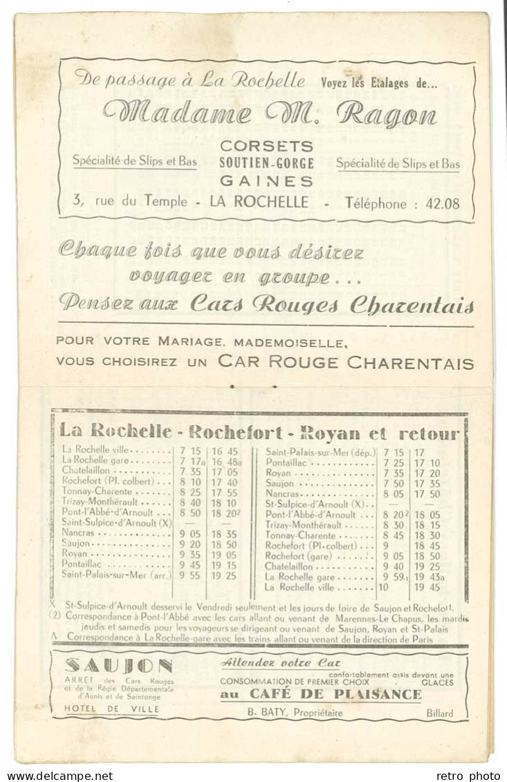 Carnet Cars Rouges Charentais , Horaire Officiel 1950 , La Rochelle - Camions