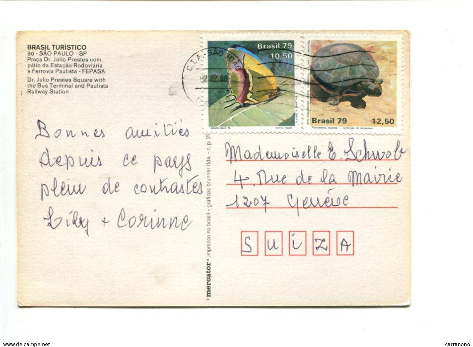 TORTUE / PAPILLON - BRESIL - Affranchissement Sur Carte Postale Pour La Suisse - Schildpadden