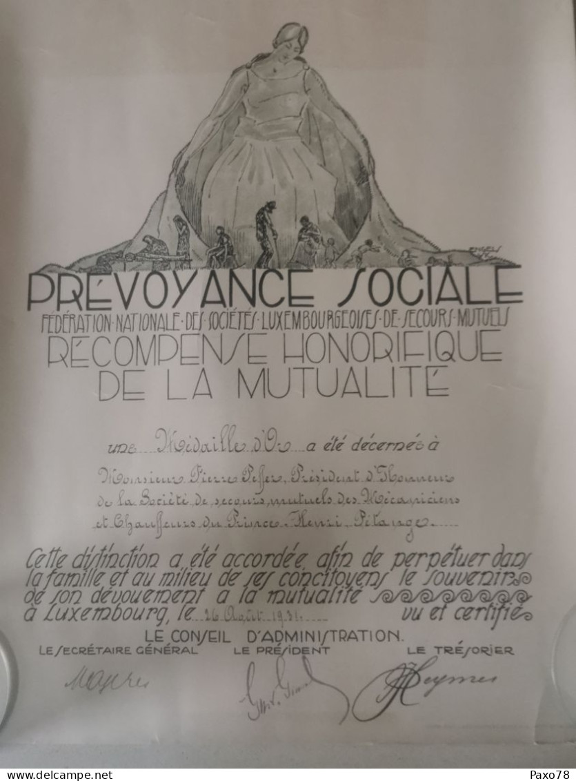 Diplôme Luxembourg, Fédération Nationale Des Sociétés Luxembourgeoises De Secours Mutuels, Médaille Or, Petange 1931 - Cartas & Documentos