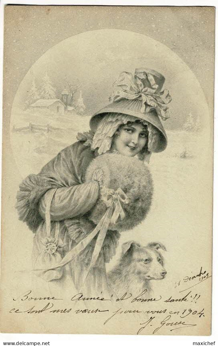 Carte Illustrée M M Vienne - Belle Femme Emmitouflée, Manchon De Fourrure, Chien - Circulé 1903 - Thanksgiving