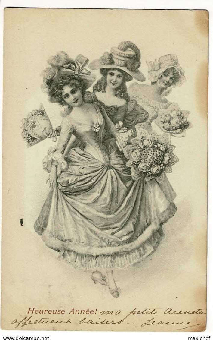Carte Illustrée M M Vienne - Heureuse Année - Trio De Belles  Femmes Porteuses De Bouquets Fleuris - Circ 1903 - Giorno Del Ringraziamento
