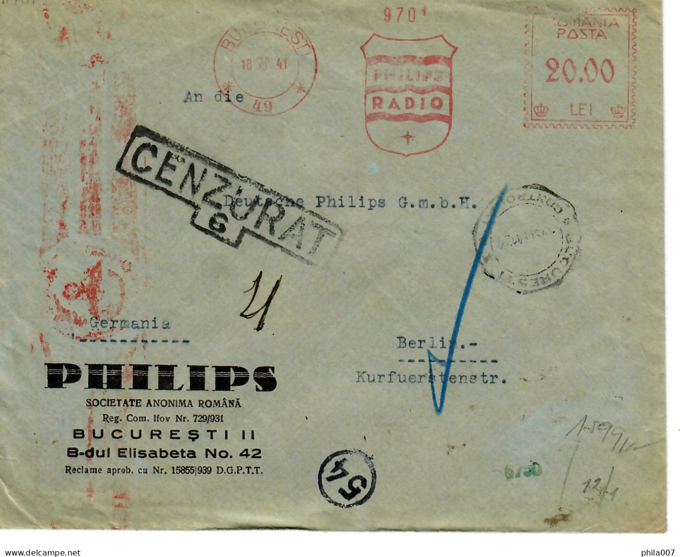 ROMANIA Meter Stamp/Freistempel Francotyp “C”+various Censorship 10/SEP/1941 - Macchine Per Obliterare (EMA)