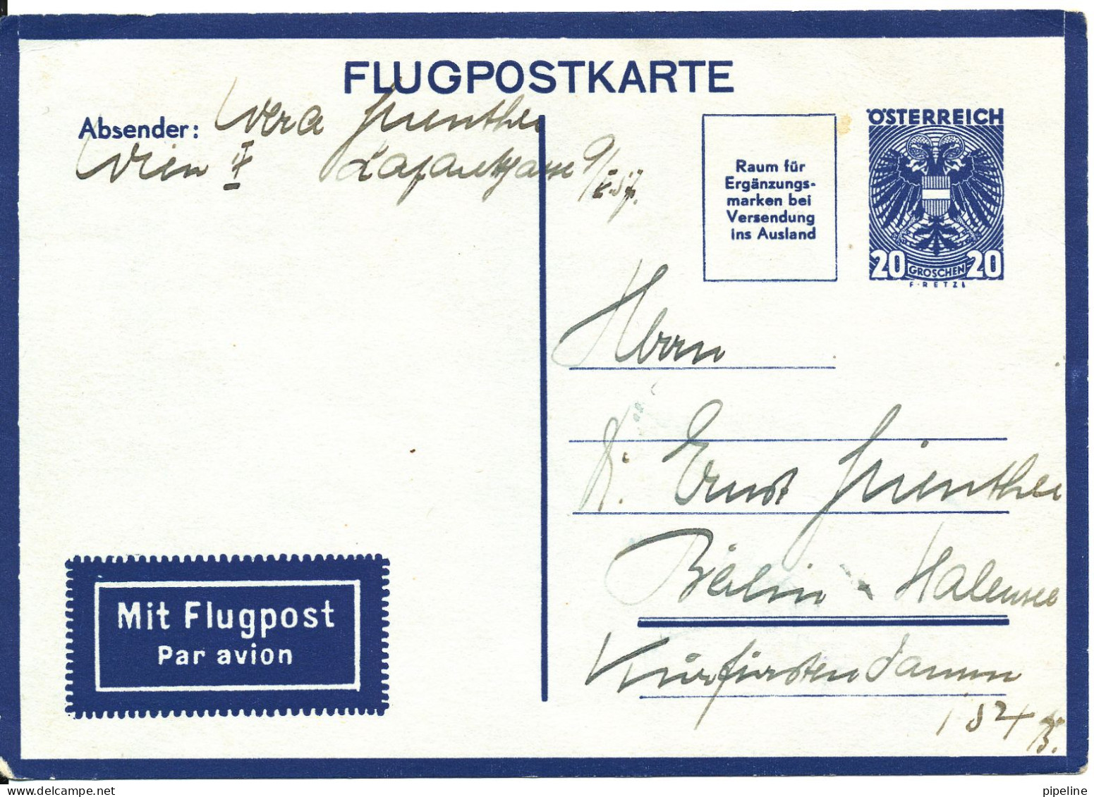 Austria Flugpostkarte Sent To Germany (no Stamps, Postmark Or Year On The Card) - Autres & Non Classés