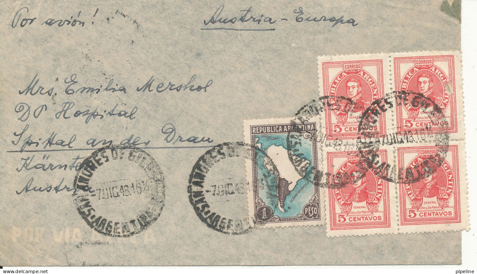 Argentina Air Mail Cover Sent To Austria 7-12-1948 (1 Of The 5 C. Stamps Is Damaged) - Luftpost