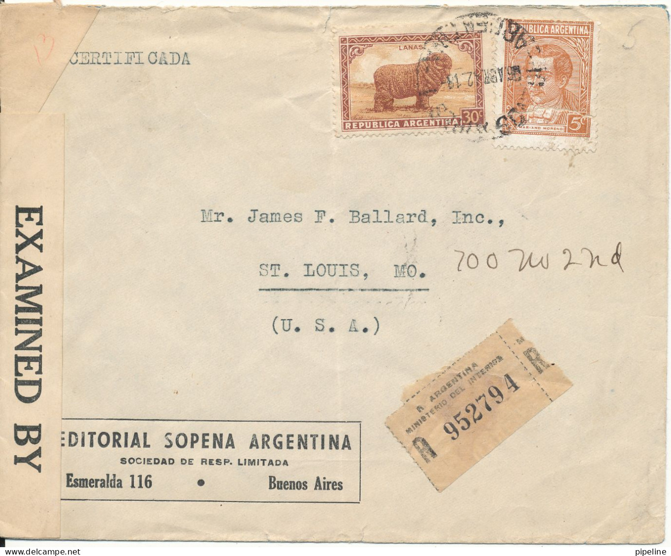 Argentina Registered Censored Cover Sent To USA 6-4-1942 - Lettres & Documents