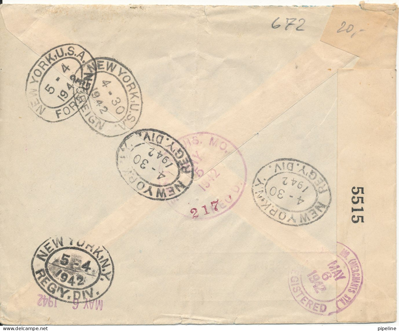 Argentina Registered Censored Cover Sent To USA 6-4-1942 - Covers & Documents