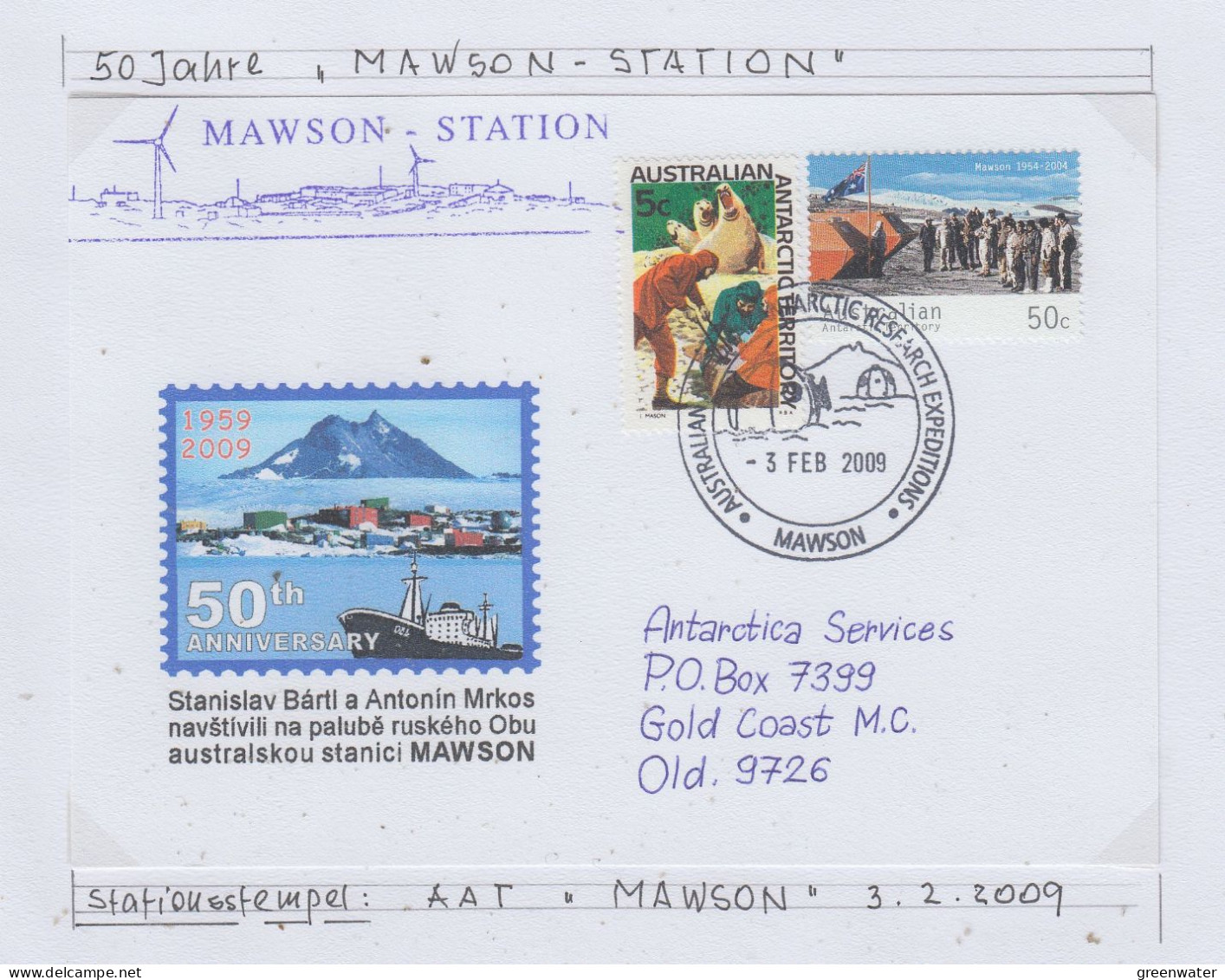 AAT 50th. Anniversary Mawson Station Ca Mawson 3 FEB 2009 (AS156A) - Covers & Documents