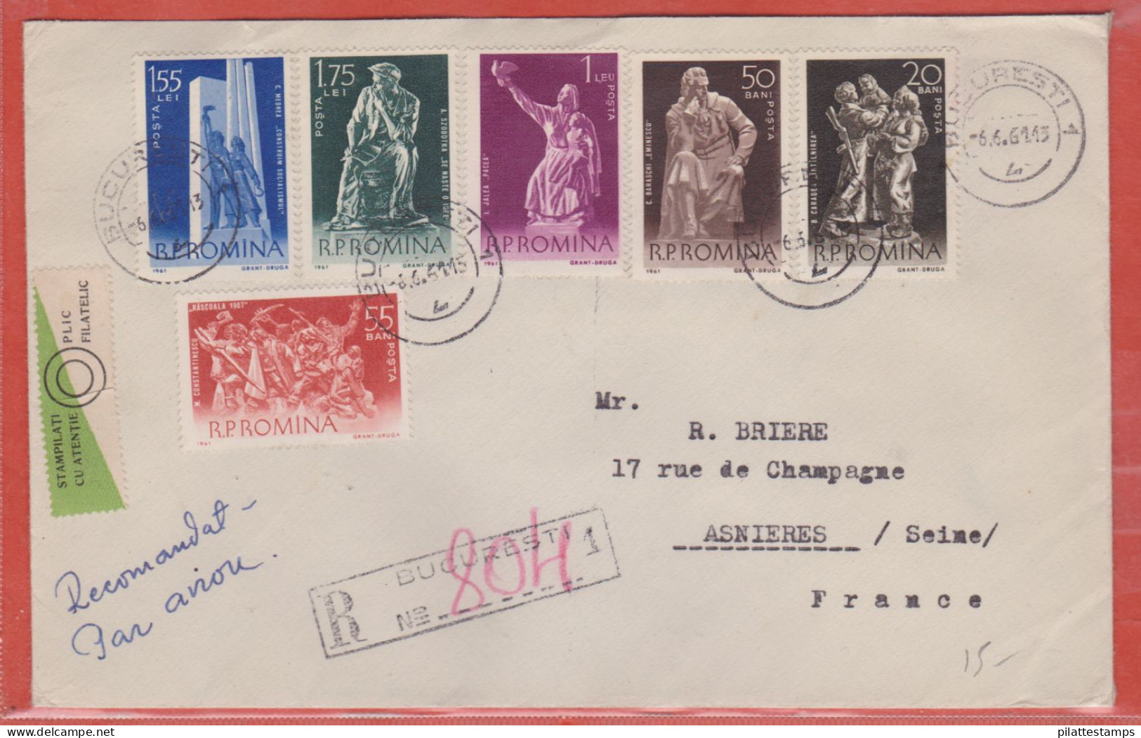 ROUMANIE LETTRE RECOMMANDEE DE 1961 DE BUCAREST POUR ASNIERES FRANCE - Storia Postale