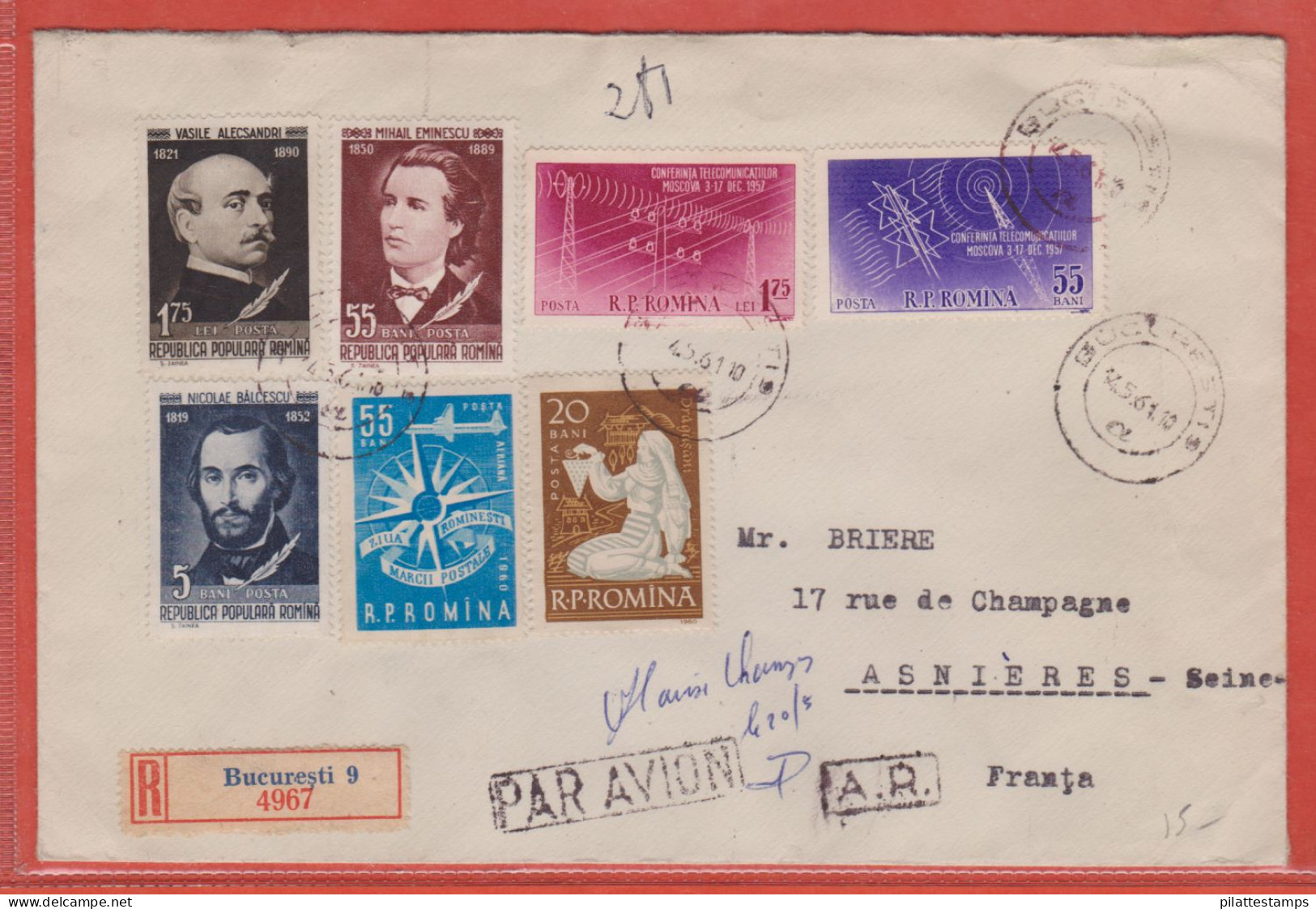 ROUMANIE LETTRE RECOMMANDEE DE 1961 DE BUCAREST POUR ASNIERES FRANCE - Poststempel (Marcophilie)