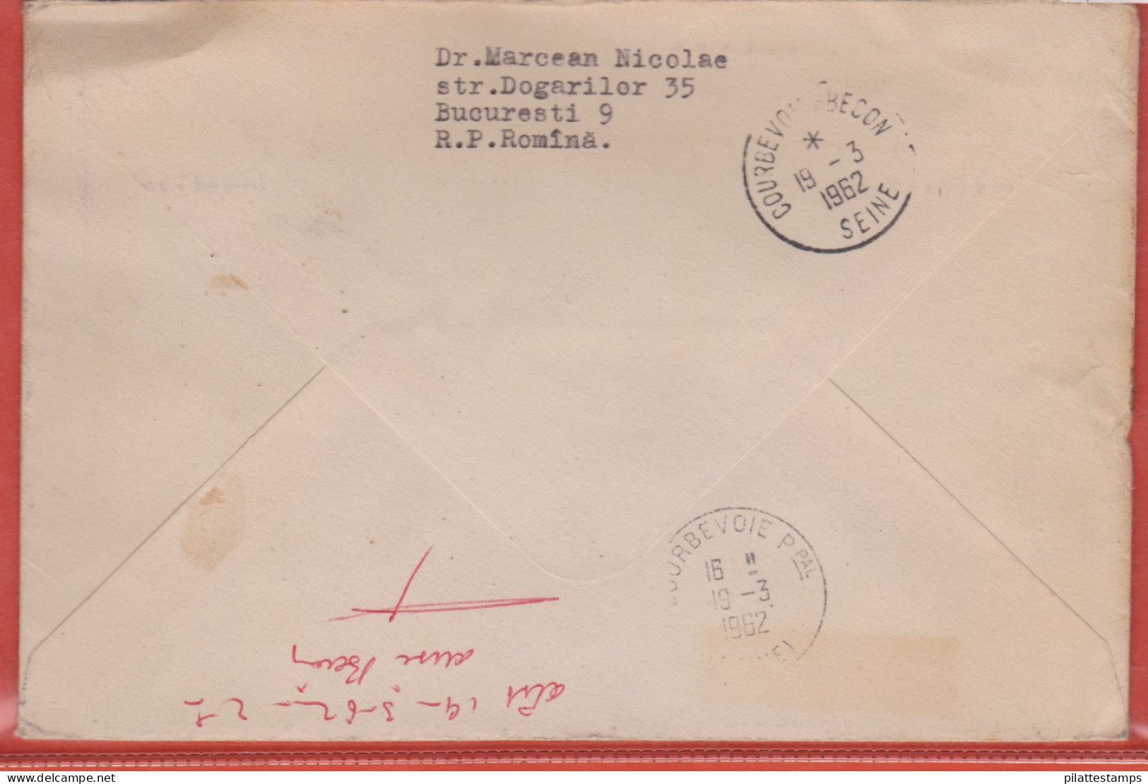 ROUMANIE LETTRE RECOMMANDEE DE 1962 DE BUCAREST POUR COURBEVOIE FRANCE - Marcophilie