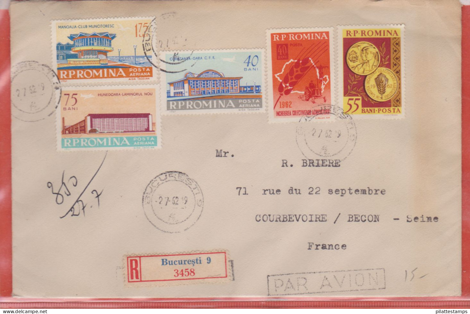 ROUMANIE LETTRE RECOMMANDEE DE 1962 DE BUCAREST POUR COURBEVOIE FRANCE - Poststempel (Marcophilie)