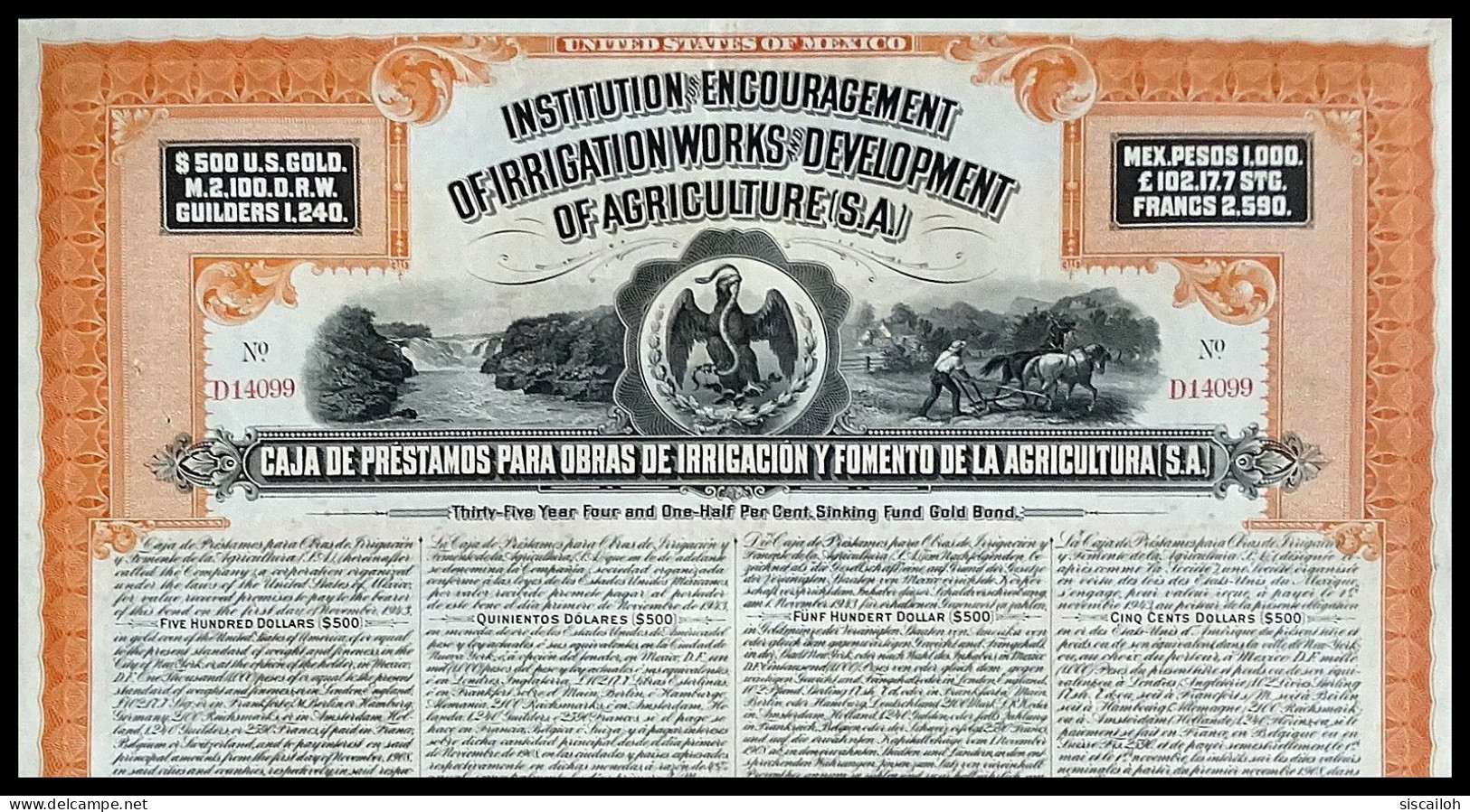 1908 Mexico: Institution For Encouragement Of Irrigation Works And Development Of Agriculture - $500 Gold Bond - Landwirtschaft