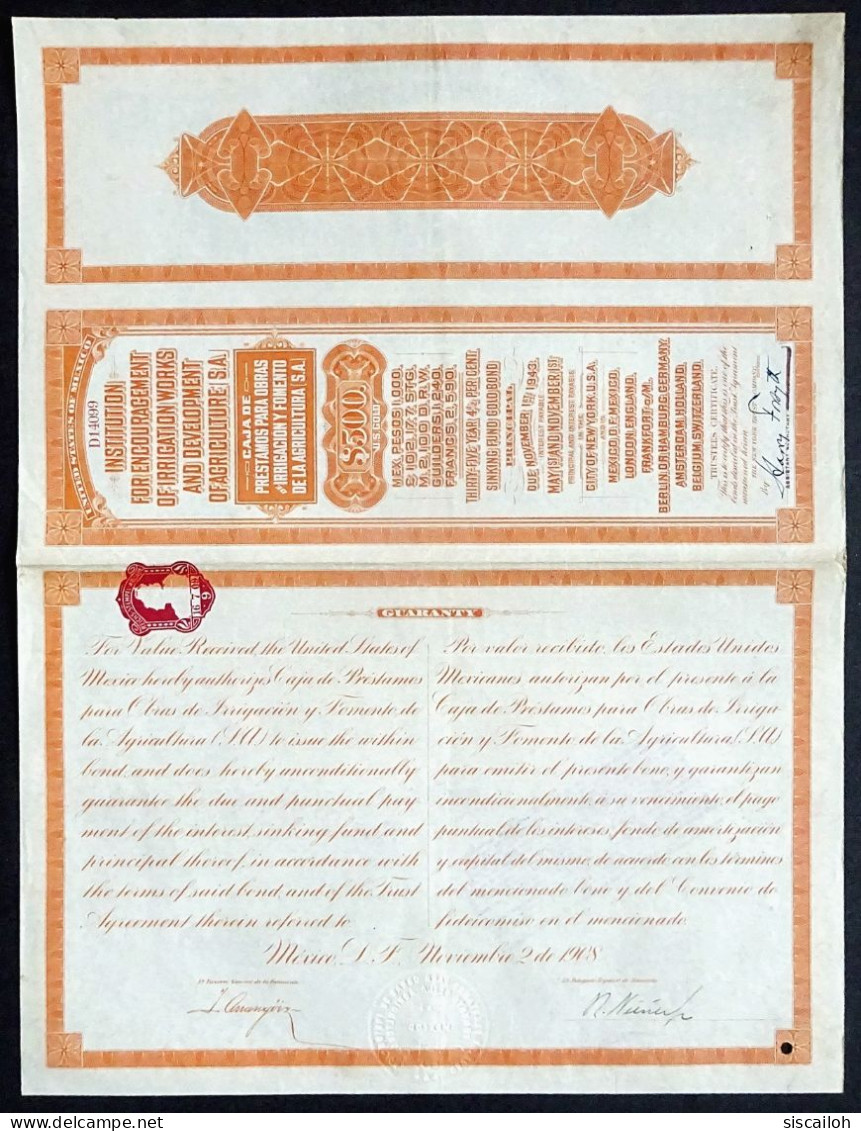 1908 Mexico: Institution For Encouragement Of Irrigation Works And Development Of Agriculture - $500 Gold Bond - Agriculture