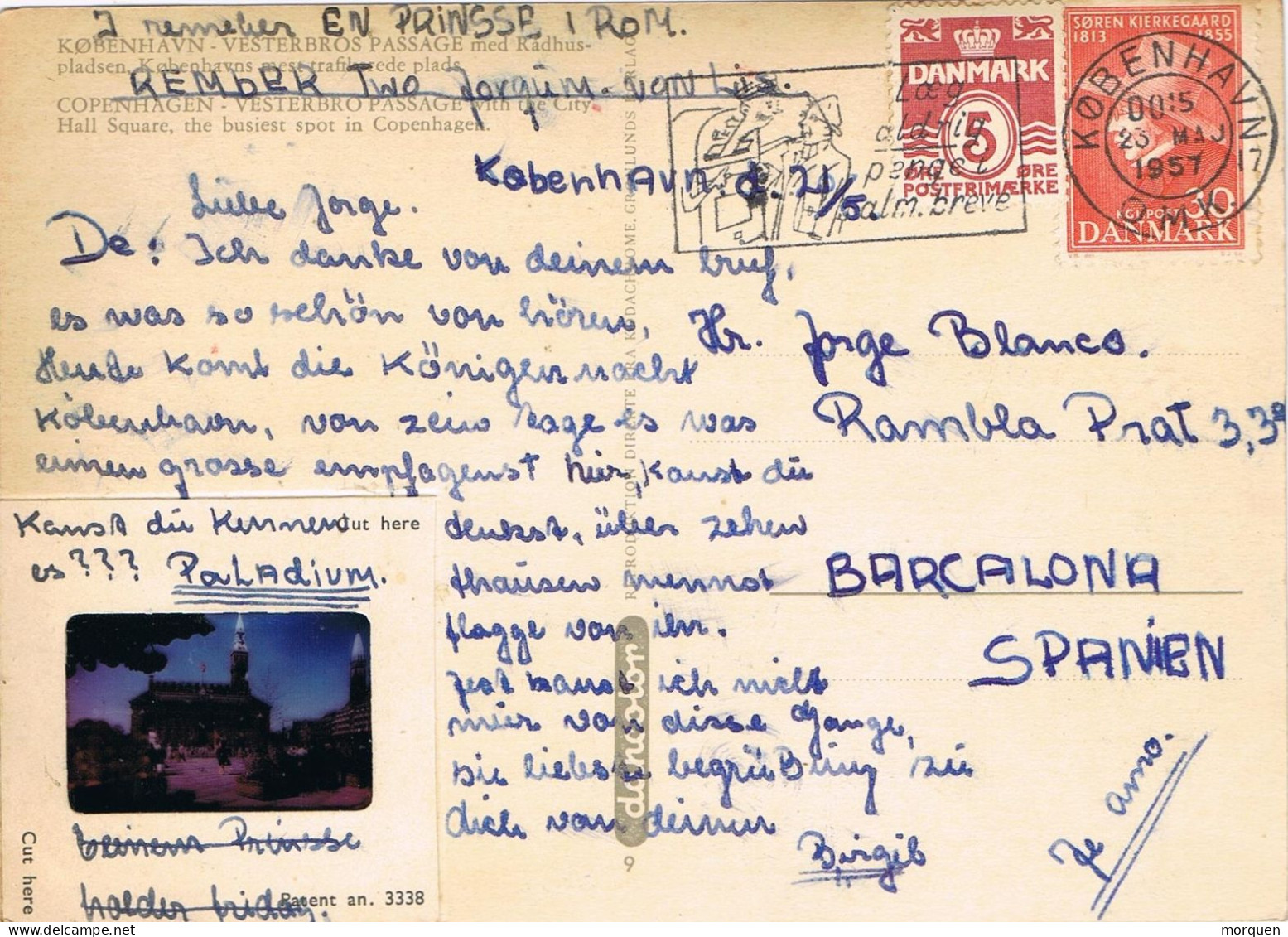 52925. Postal KOBENHAVN (Danmark) 1957. Vista Paladium. Diapositiva, Vestrebro Passage - Briefe U. Dokumente