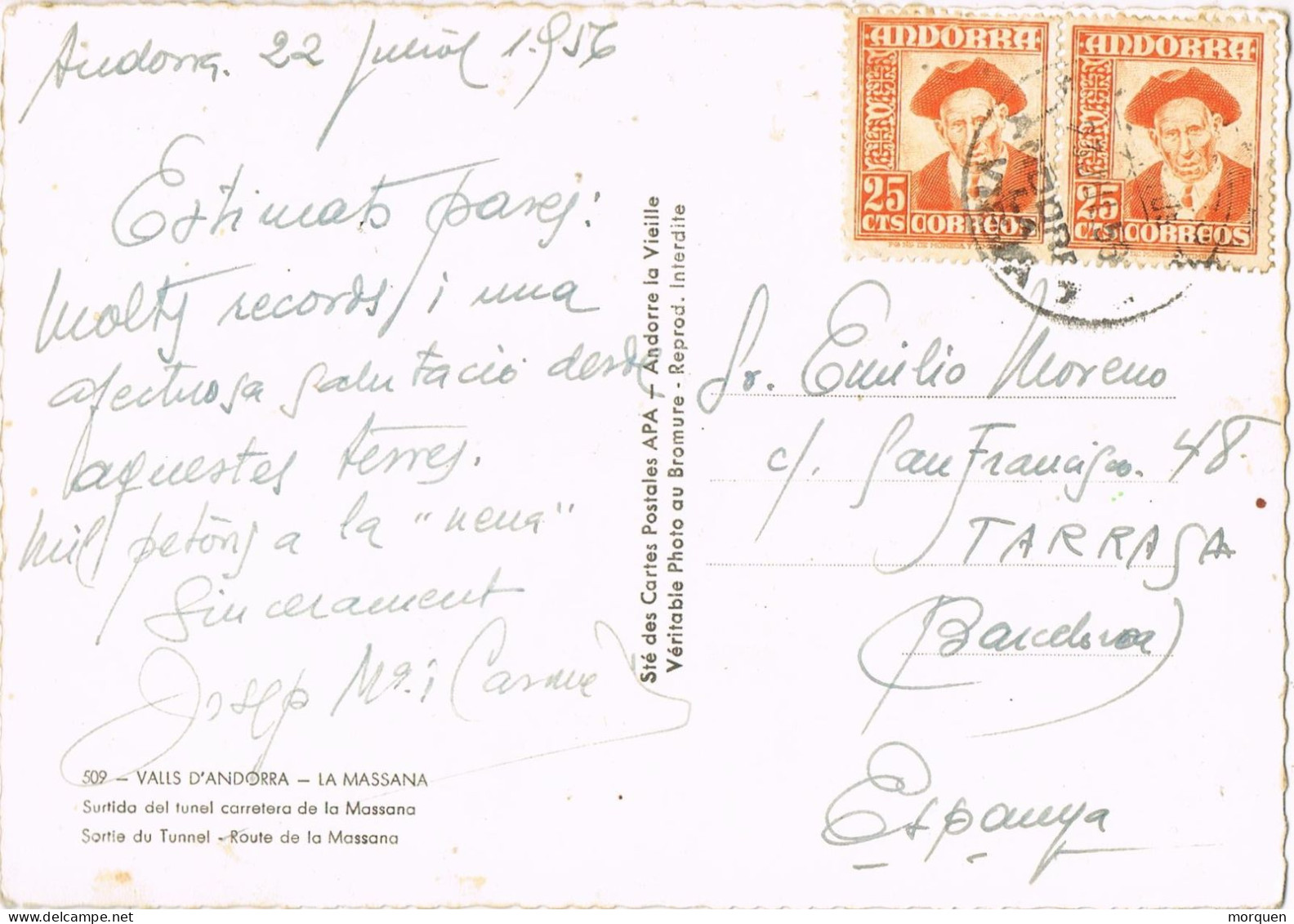 52926. Postal ANDORRA La VIEJA (Andorra Española) 1956. Vista De La Massana, Salida Tunel - Lettres & Documents
