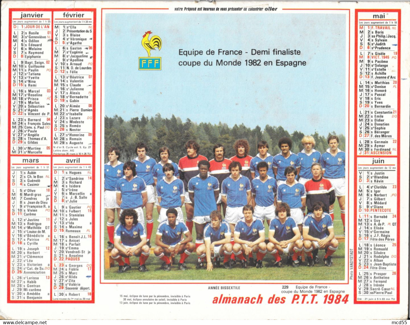 CALENDRIER Des POSTES 1984 " Equipe De FRANCE De Football -  1/2 Finaliste De La Coupe Du Monde1982 En Espagne - Formato Grande : 1981-90