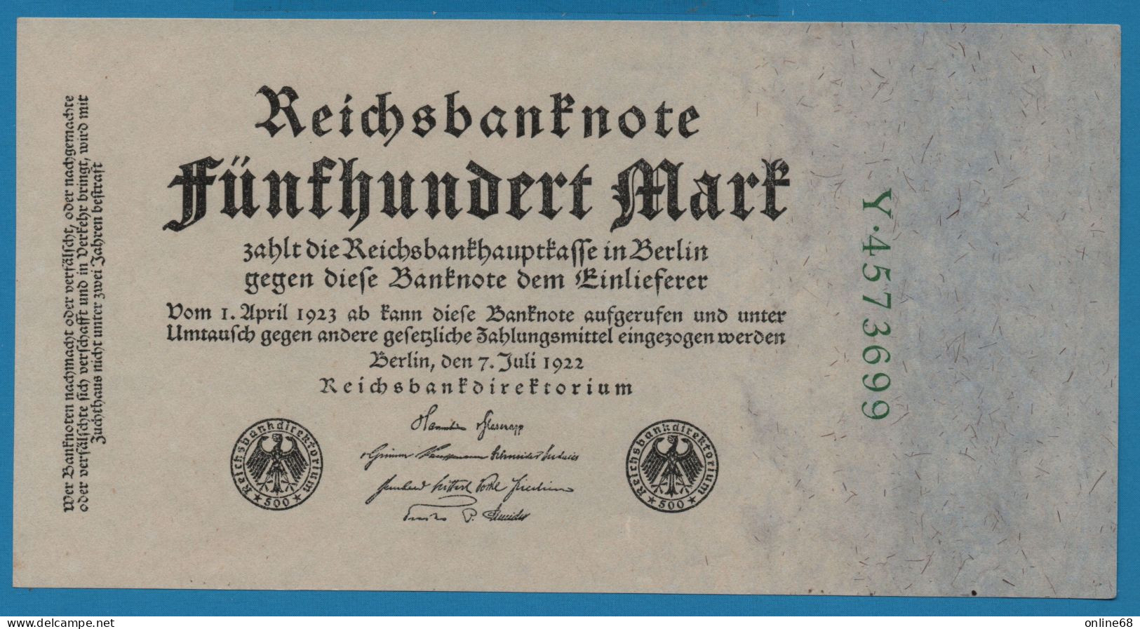 DEUTSCHES REICH 500 MARK 07.07.1923 # Y.4573699 P# 74b Reichsbank - 500 Mark