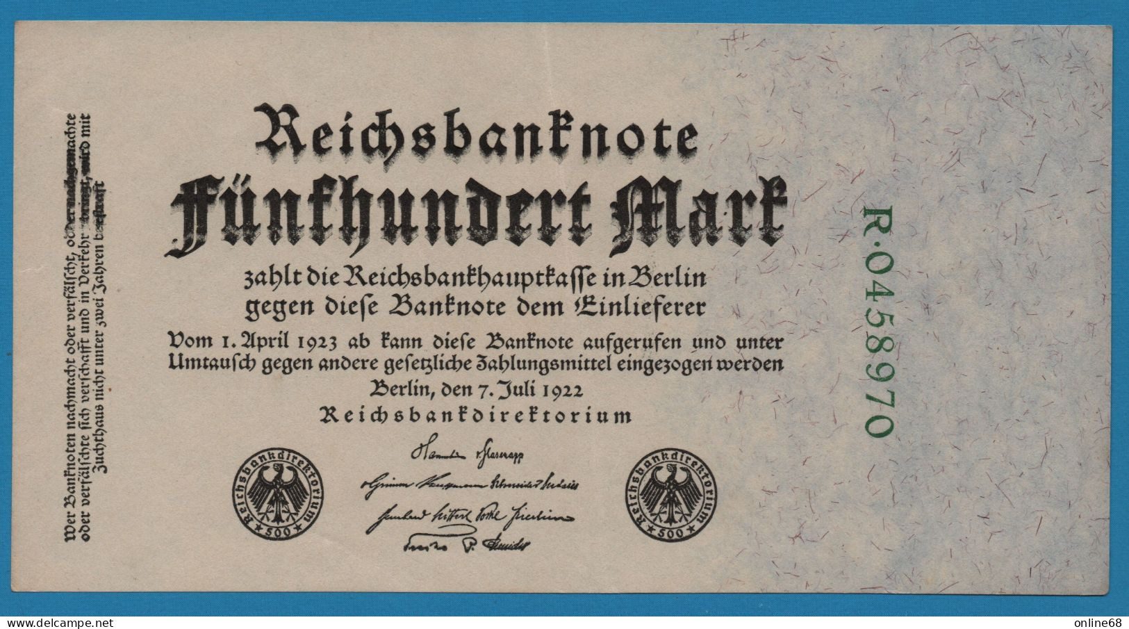 DEUTSCHES REICH 500 MARK 07.07.1923 # R.0458970 P# 74b Reichsbank - 500 Mark