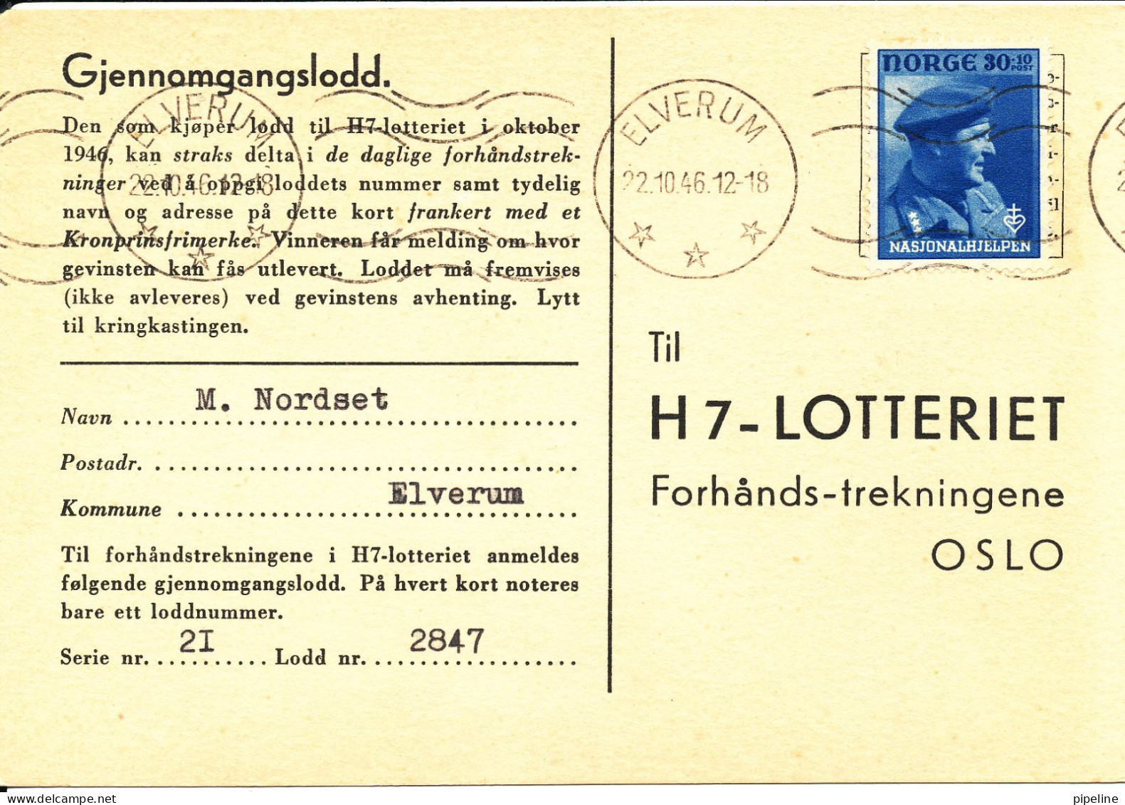 Norway Postcard National Help H 7 Lottery Elverum 22-10-1946 - Briefe U. Dokumente