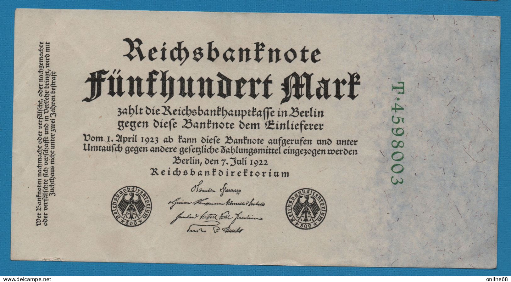 DEUTSCHES REICH 500 MARK 07.07.1923 # T.4598003 P# 74b Reichsbank - 500 Mark