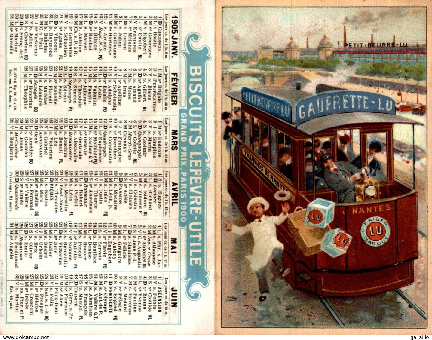 CHROMO DOUBLE LU CALENDRIER 1905 TRAMWAY - Lu