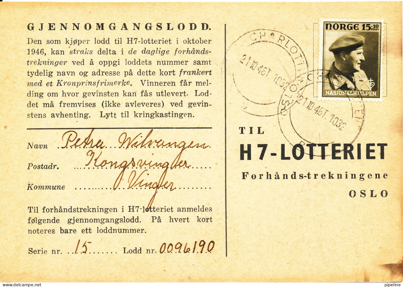 Norway Postcard National Help H 7 Lottery Oslo Charlottenberg 21-10-1946 - Briefe U. Dokumente