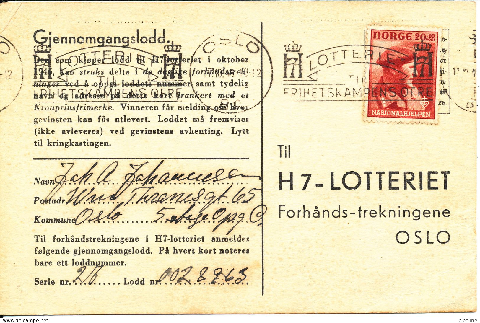 Norway Postcard National Help H 7 Lottery Oslo 17-10-1946 - Cartas & Documentos
