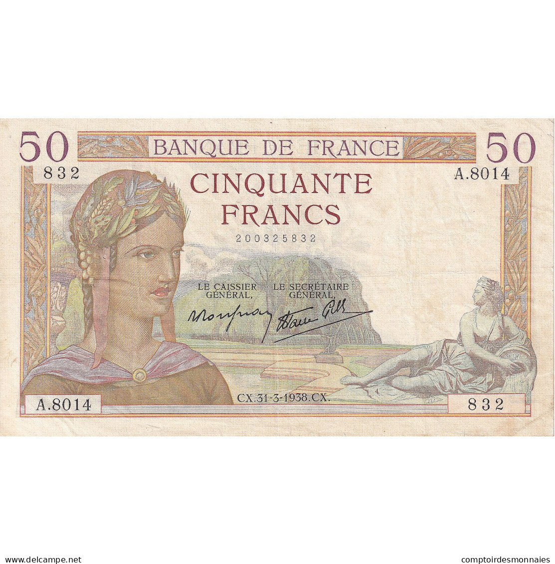 France, 50 Francs, Cérès, 1938, A.8014, TTB, Fayette:18.11, KM:85b - 50 F 1934-1940 ''Cérès''