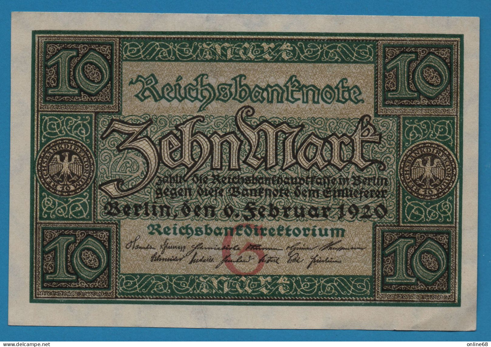 DEUTSCHES REICH 10 MARK 06.02.1920 LETTER G # V.5148114 P# 67a Reichsbank - 10 Mark