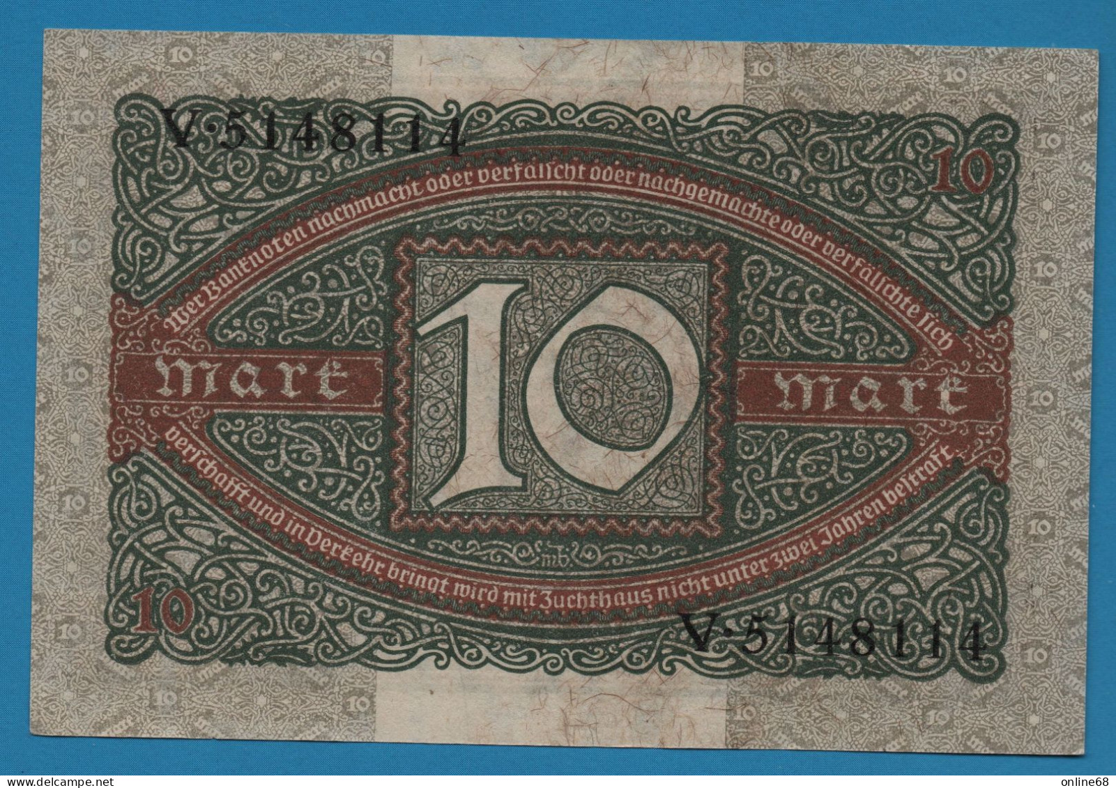 DEUTSCHES REICH 10 MARK 06.02.1920 LETTER G # V.5148114 P# 67a Reichsbank - 10 Mark