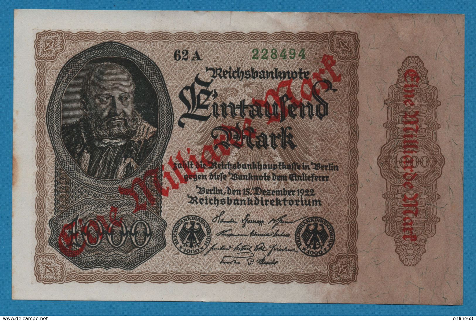 DEUTSCHES REICH 1 MILLIARDE MARK 15.12.1922 / 09.1923 # 62A 228494 P# 113a Reichsbank - 1 Miljard Mark