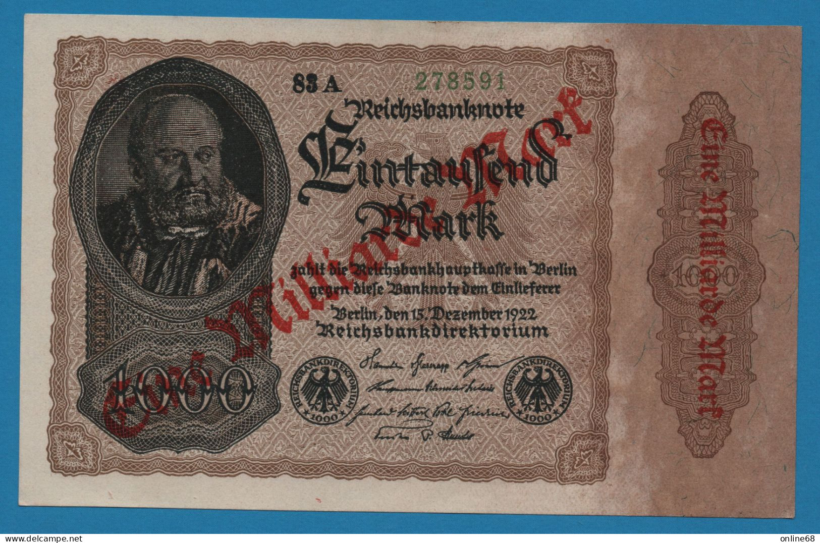 DEUTSCHES REICH 1 MILLIARDE MARK 15.12.1922 / 09.1923 # 83A 278591 P# 113a Reichsbank - 1 Mrd. Mark