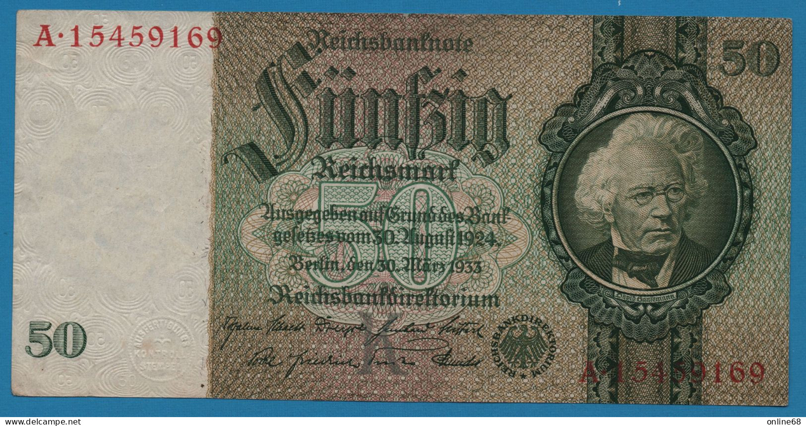 DEUTSCHES REICH 50 REICHSMARK 30.03.1933 LETTER K # A.15459169 P# 182a David Hansemann - 50 Reichsmark