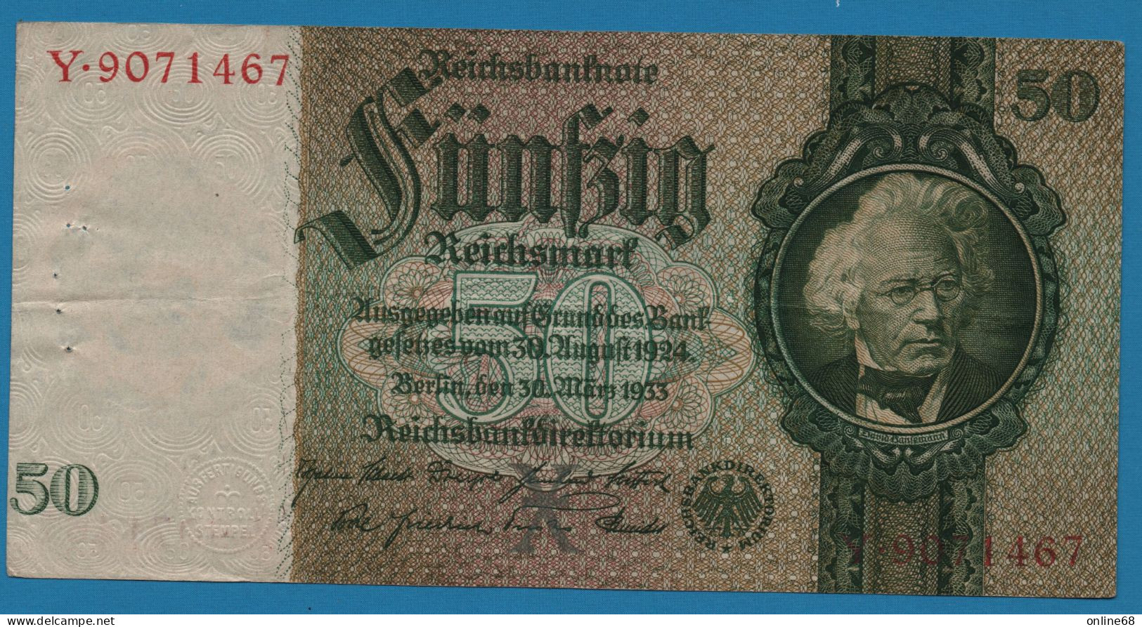 DEUTSCHES REICH 50 REICHSMARK 30.03.1933 LETTER X # Y.9071467 P# 182a David Hansemann - 50 Reichsmark