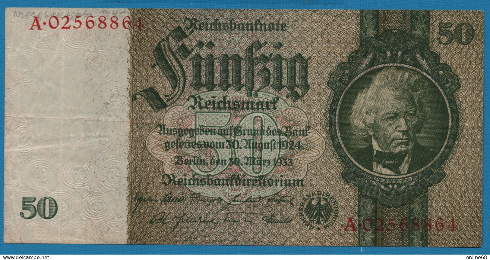 DEUTSCHES REICH 50 REICHSMARK 30.03.1933  # A.02568864 P# 182b David Hansemann - 50 Reichsmark
