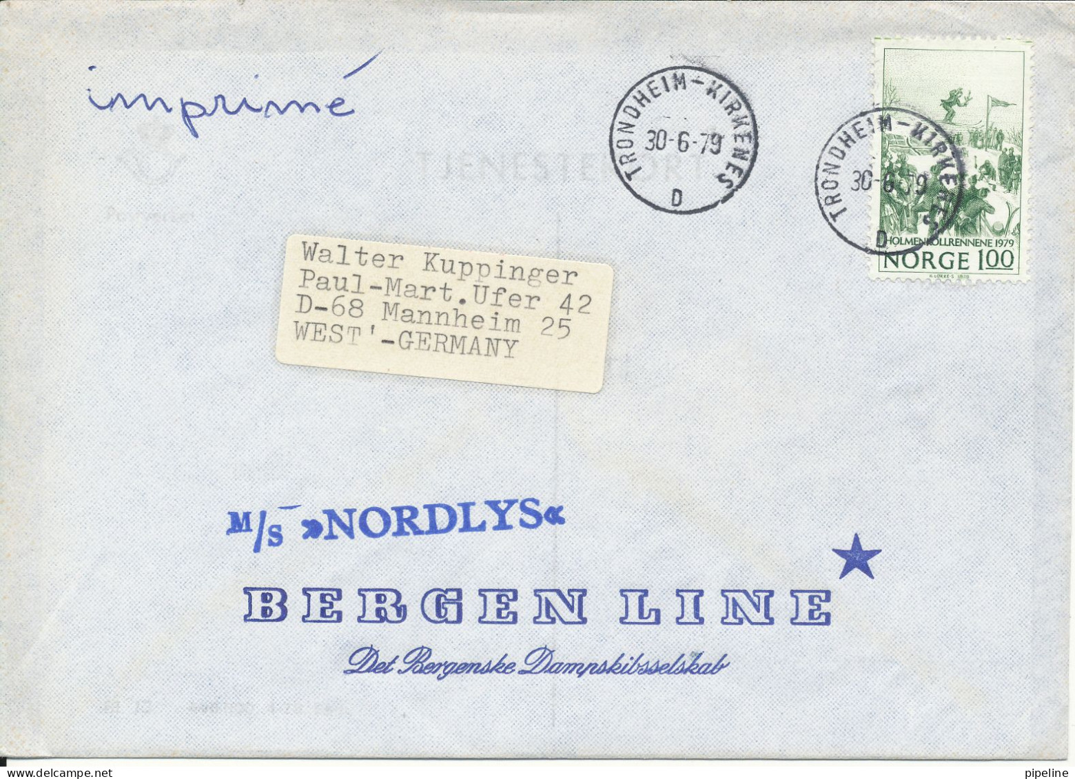 Norway Ship Cover M/S Nordlys Bergen Line Trondheim - Kirkenes 30-6-1979 - Lettres & Documents