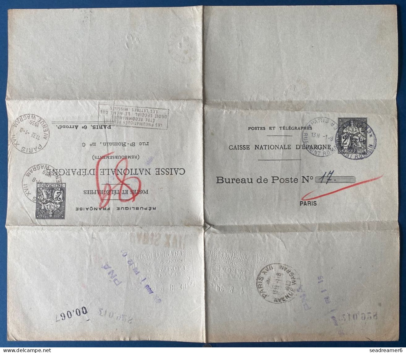 France 1939 Entier Postal Chaplain 2 F Noir Double Oblitéré " PARIS XVII/ AVENUE WAGRAM " Format 280 X 240 Mm CHA R1 TTB - Pneumatic Post