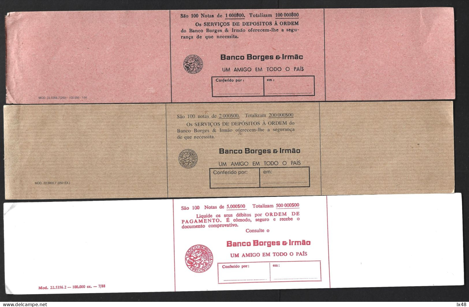 Straps Of 1000, 2000 And 5000 Escudos Notes From Banco Borges & Irmão, Portugal. Cintas De Notas De Escudos Banco Borges - Banque & Assurance