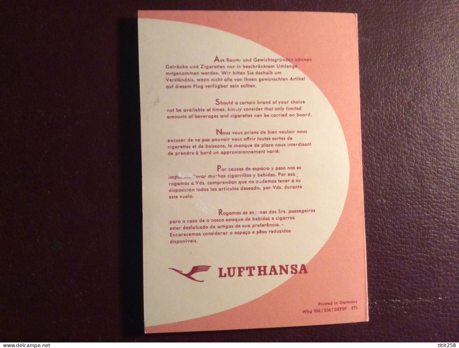 CARTE PRIX TARIFS DES BOISSONS CIE AVIATION LUFTHANSA DEUTSCHLAND ALLEMAGNE ( Avions  Aéroports ) - Menus