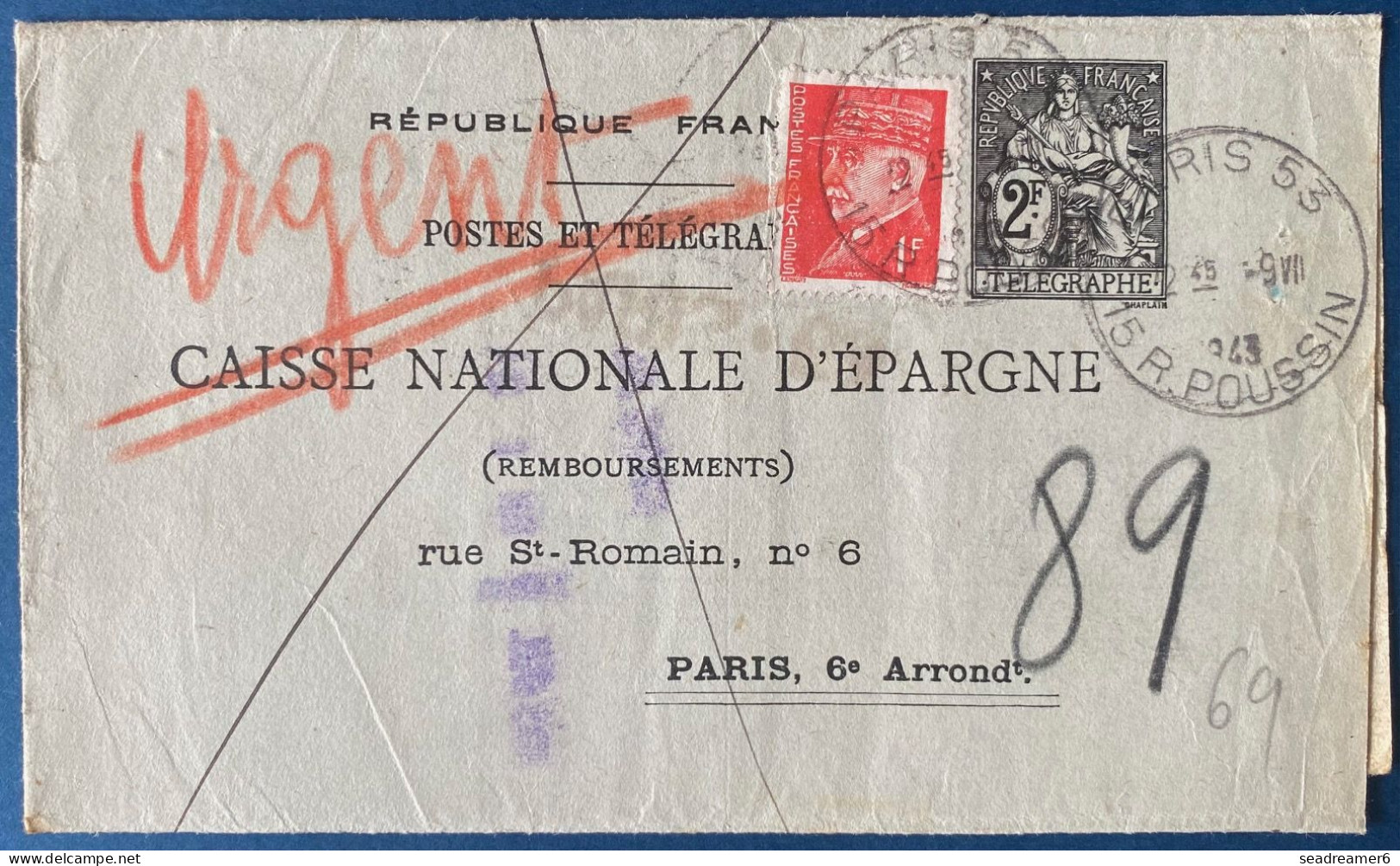 1943 Entier Postal Chaplain 2 F Noir Double + Complément Obl " PARIS 53/ R POUSSIN " Format 280 X 240 Mm CHA R1 TTB - Pneumatici