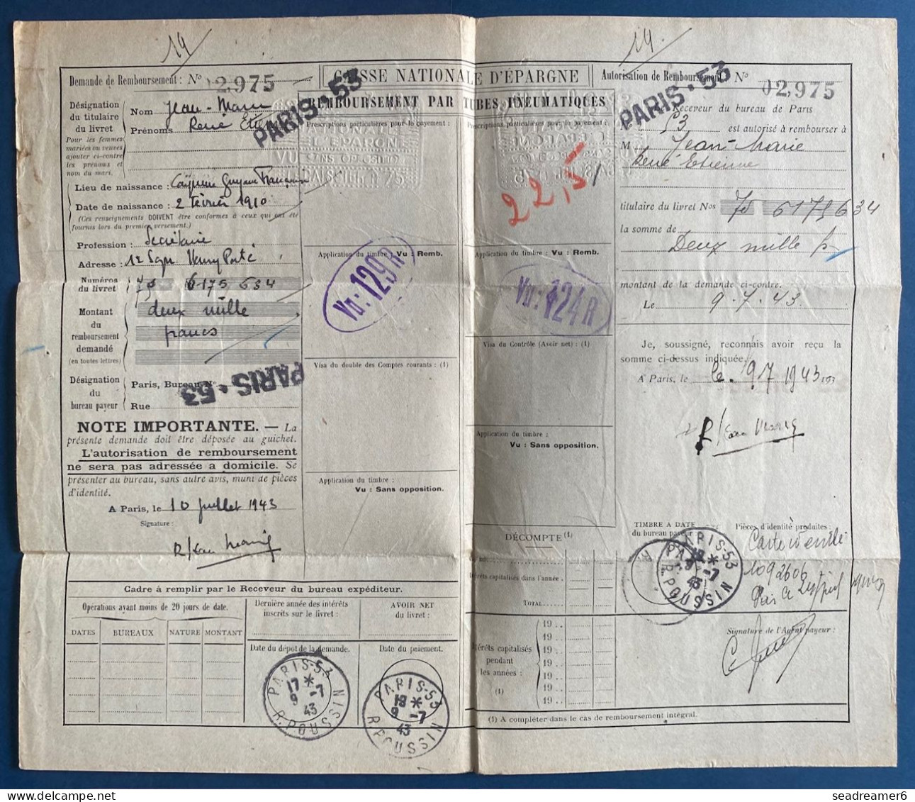 1943 Entier Postal Chaplain 2 F Noir Double + Complément Obl " PARIS 53/ R POUSSIN " Format 280 X 240 Mm CHA R1 TTB - Pneumatici
