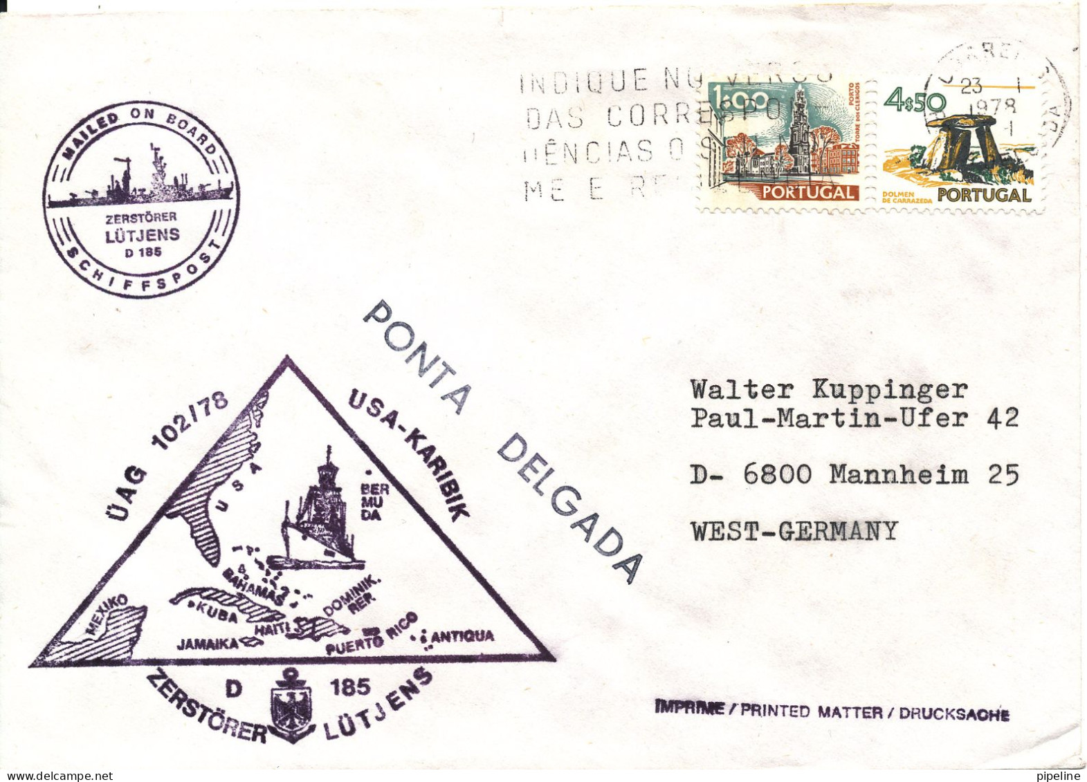 Portugal Shipcover Zerstörer Lütjens USA - Karibik Ponta Delgada 23-1-1978 - Cartas & Documentos