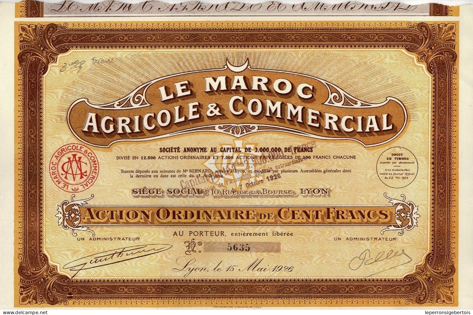 Titre De 1926 - Le Maroc Agricole & Commercial Société Anonyme - - Agriculture