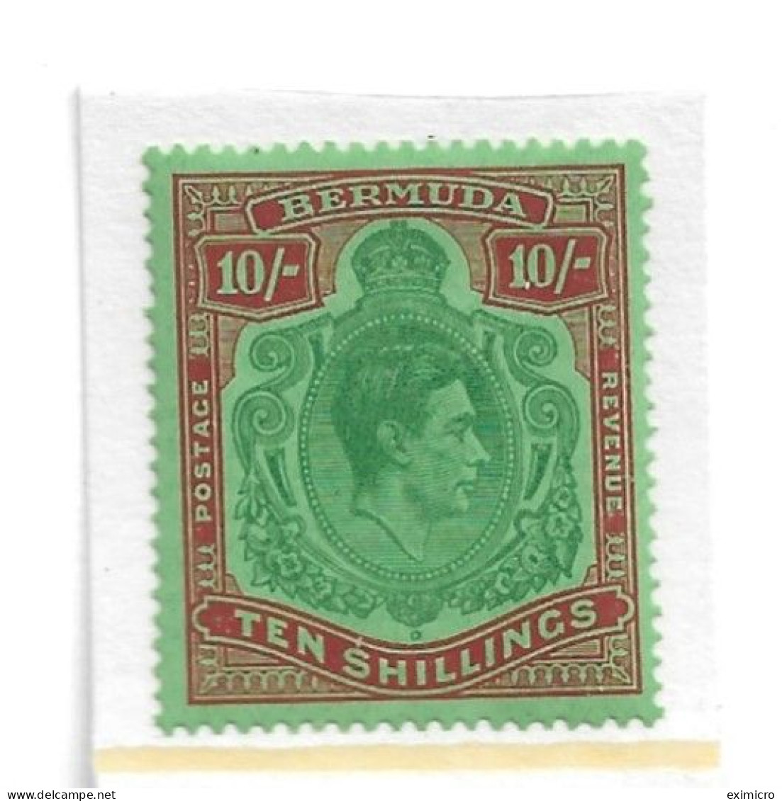 BERMUDA 1946 10s DEEP GREEN AND DULL RED/GREEN (EMERALD BACK) SG 119d ORDINARY PAPER VERY LIGHTLY MOUNTED MINT Cat £80 - Bermuda