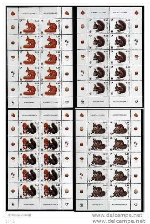 2007 Slovenia Slovenie Slowenien - Mi 636/9 - WWF - Red Squirrel - 4 Sheets Of 10 Stamps MNH - Autres & Non Classés