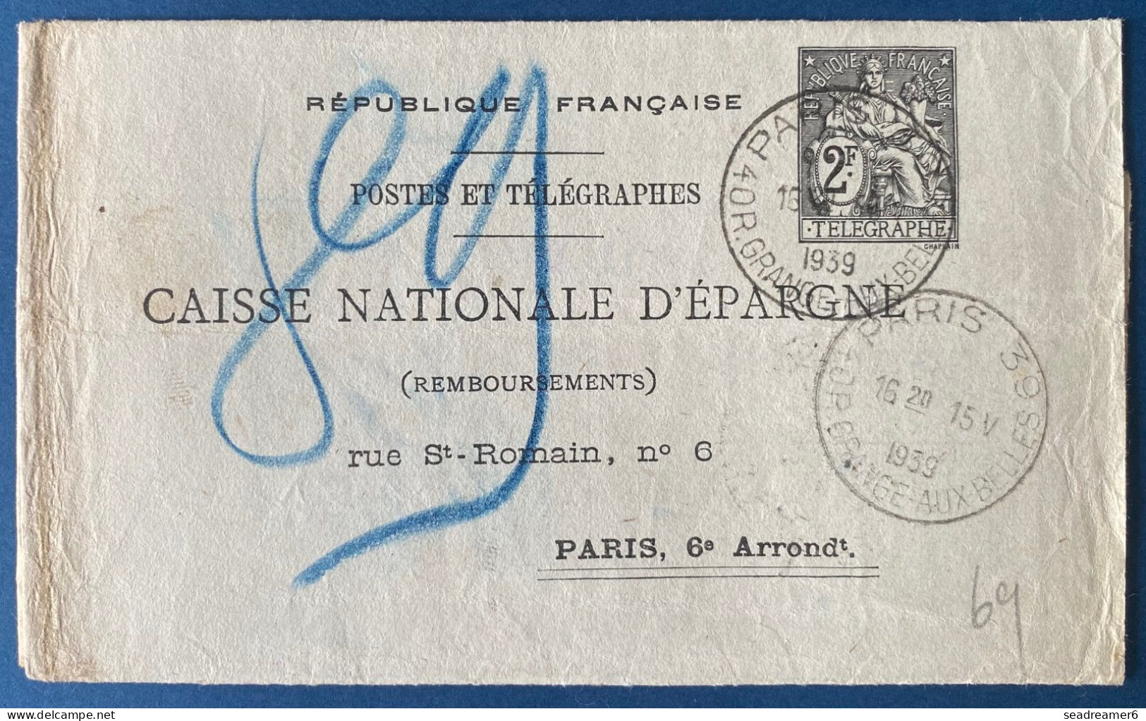 1939 Entier Postal Chaplain 2 F Noir Double Obl " PARIS 39 / 40R.GRANGE AUX BELLES " Format 280 X 240 Mm. CHA R R1 Rare! - Pneumatiques