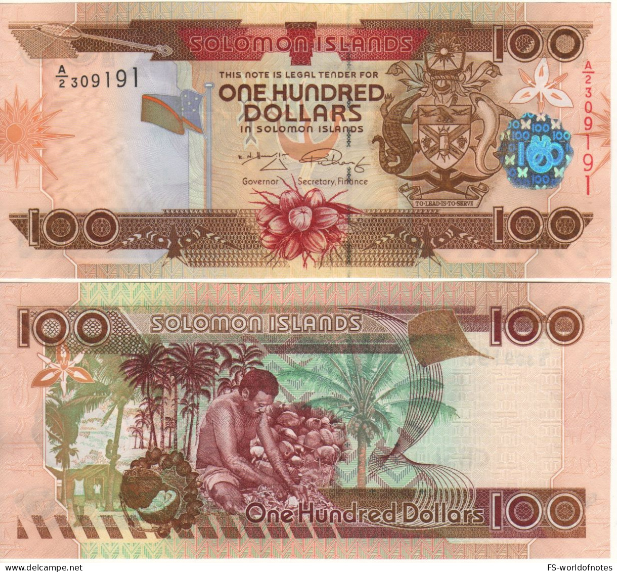 SOLOMON. Islands $ 100  P30b   ( ND 2009 )     " Solomon Arms At Front -   Coconut Harvest At Back " - Isla Salomon